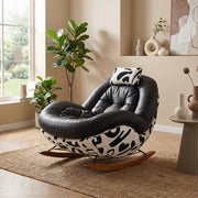 Bold Black Leather Rocking Lounge Chair with Patterned Fabric Shell